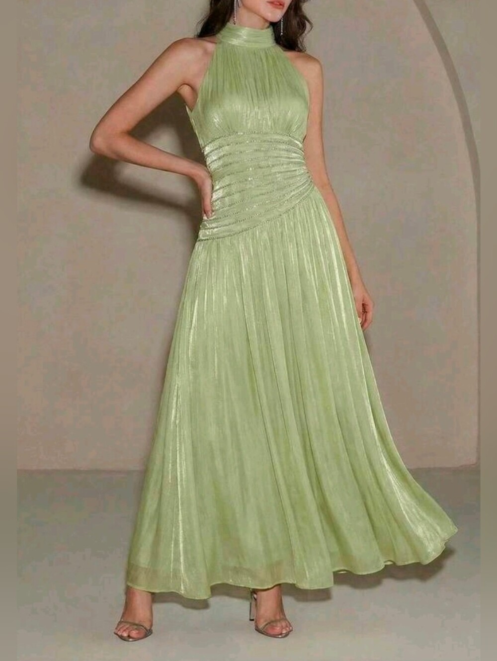 New Metallic Crinkled Halter Rhinestone Trim Maxi Dress Green - Picture 8 of 15